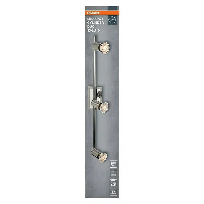 Osram Wand- & Deckenleuchte Spot Cylinder Duo - L x B x H: 60,4 x 7 x 13,3 cm, Silber, GU10 - Das Bild zeigt einen Osram LED Spot Cylinder Duo 3XGU10, eine stilvolle Leuchte für den Innenbereich mit drehbaren Spots.