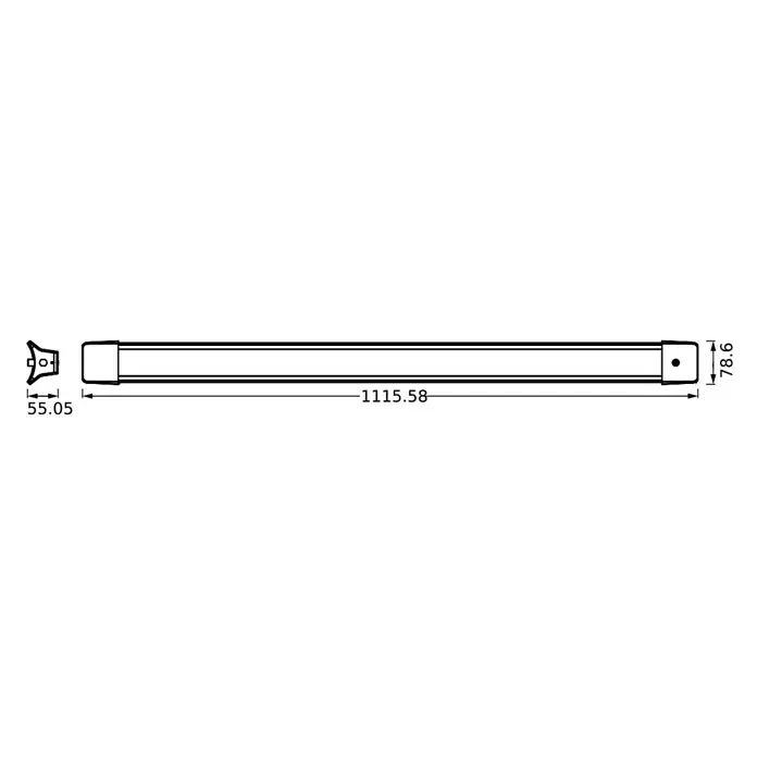 Osram LED-Lichtleiste Office Line - L x B x H: 110 x 7,8 x 5,5 cm, Lichtfarbe: Kaltweiß, 41 W, 220 V - 240 V - Technische Zeichnung einer LED-Leuchte mit den Maßen 1115.58 mm Länge und 78.6 mm Höhe. Die Befestigung hat eine Tiefe von 55.05 mm.