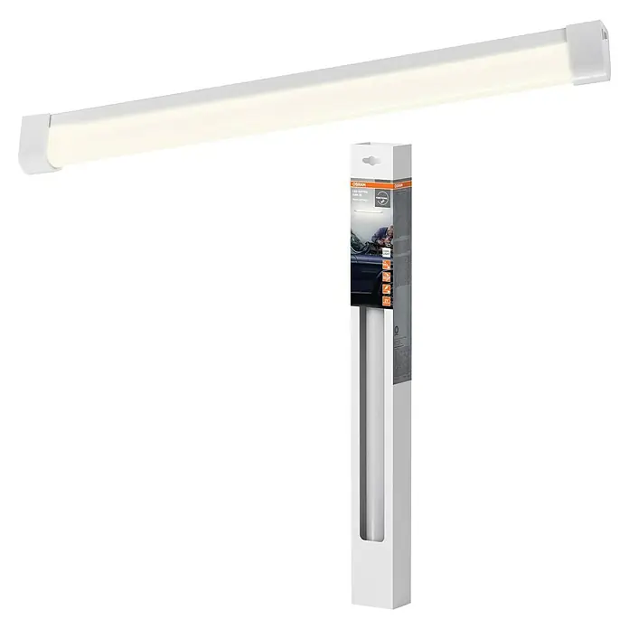 Osram LED-Lichtleiste Batten - L x B x H: 60 x 3,4 x 5,5 cm, Lichtfarbe: Kaltweiß, 8 W, 220 V - 240 V - Produktabbildung einer Osram LED-Leuchte mit Verpackung. Eine energiesparende und langlebige Beleuchtungslösung für vielfältige Anwendungen.