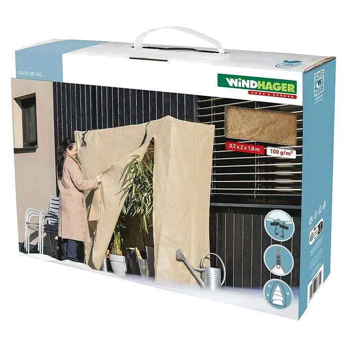 Windhager Winterschutzvlies Easy Up XXL - L x H: 200 x 180 cm, Beige, 100 g/m² - Verpackung für Windhager Easy Up XXL Pflanzenüberwinterungszelt, das Pflanzen vor Kälte schützt und einfach aufzubauen ist.