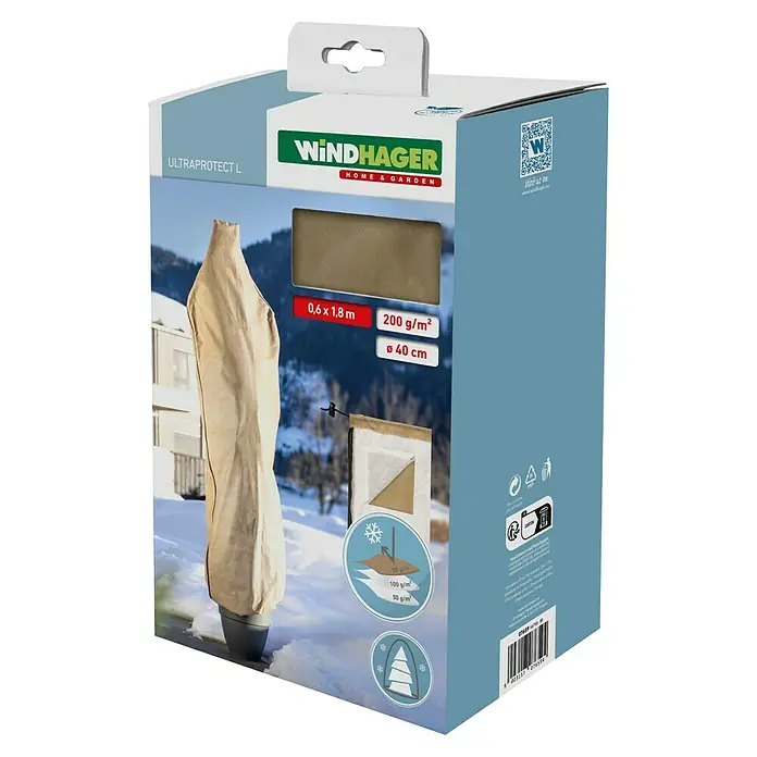 Windhager Winterschutzvlies - B x H: 60 x 180 cm, Beige, 50 g/m² - Produktverpackung für WINDHAGER ULTRAPROTECT L Pflanzenschutzhülle, schützt Pflanzen vor Frost und Kälte. Inklusive Größenangaben und Materialinformationen.