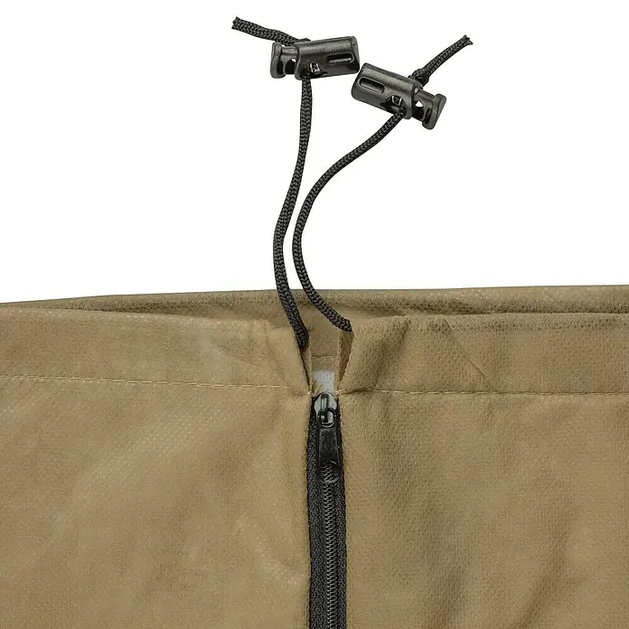 Windhager Winterschutzvlies - B x H: 110 x 110 cm, Beige, 50 g/m² - Nahaufnahme einer Schutzhülle mit Reißverschluss und Kordelzug, ideal für den Schutz von Gartenmöbeln vor Witterungseinflüssen.