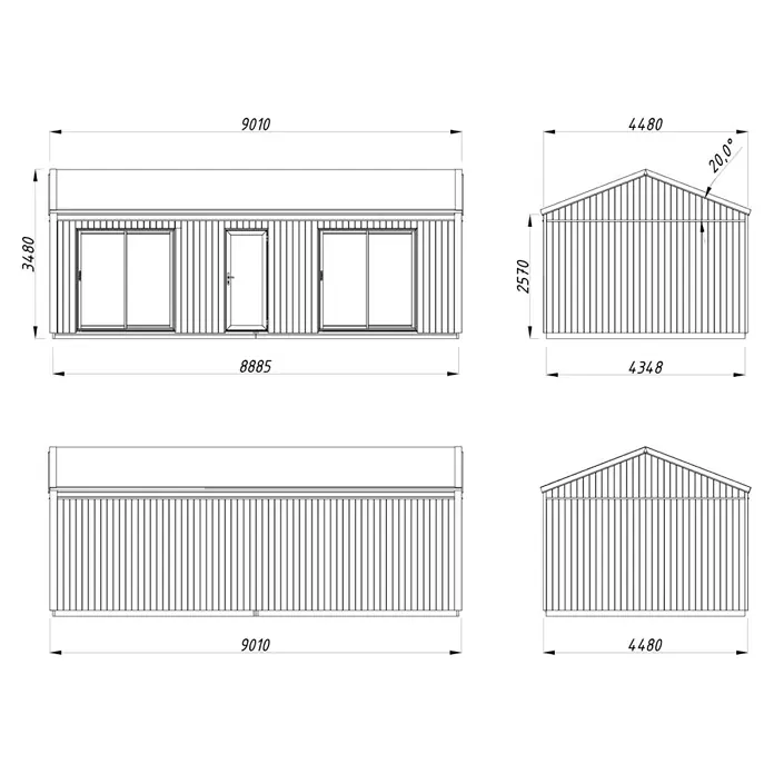 Palmako Gartenhaus Rebekka Nordic Plus - Außenmaß inkl. Dachüberstand (B x T): 901 x 446 cm, Holz, Natur unbehandelt - Technische Zeichnung eines modernen Gartenhauses mit Maßen. Übersichtliche Darstellung der Abmessungen für Planung und Bau.
