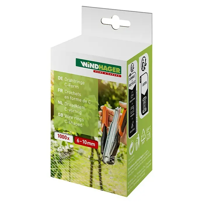 Windhager Draht - Ringe C-Form - Metall, Verzinkt, 1.000 Stk. - Verpackung mit Windhager Drahtringen in C-Form, ideal zum Befestigen von Zäunen und Netzen, mit 1000 Stück für den Heim- und Gartenbereich.