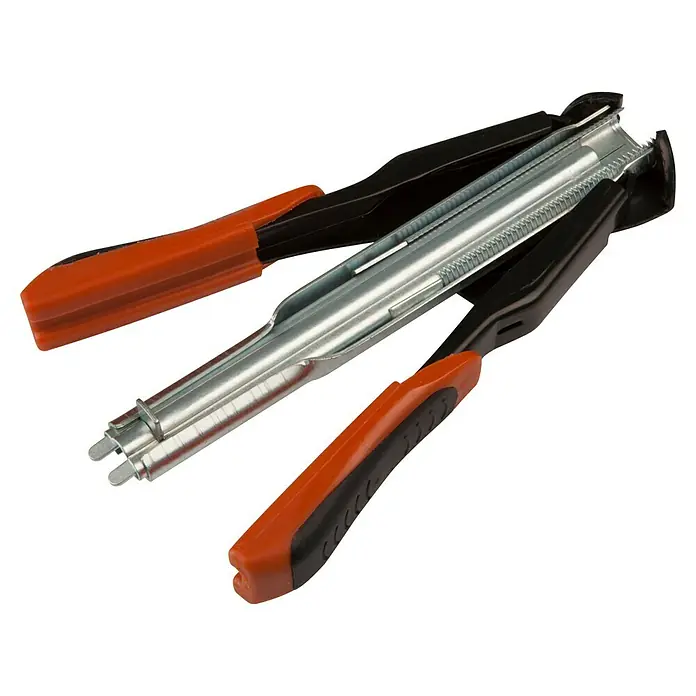 Windhager C-Ring-Zange - Passend für: C-Drahtringe - Nahaufnahme einer Drahtspannzange mit orangefarbenen Griffen und silberfarbenem Spannmechanismus vor schwarzem Hintergrund.