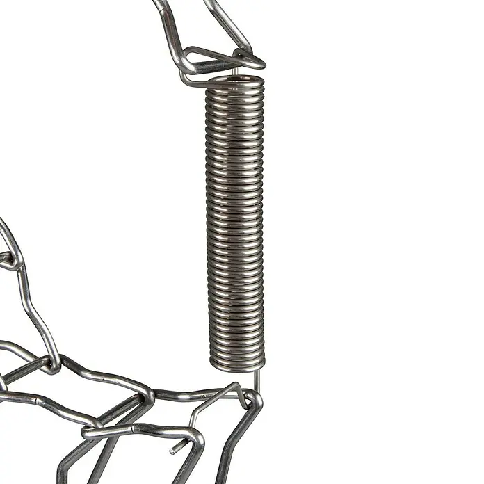 Windhager Marderschutz Fallrohr-Gürtel - Geeignet für: Marder, 2 Stk. - Nahaufnahme einer silberfarbenen Metallfalle mit einer starken Feder, die auf einem weißen Hintergrund isoliert ist.