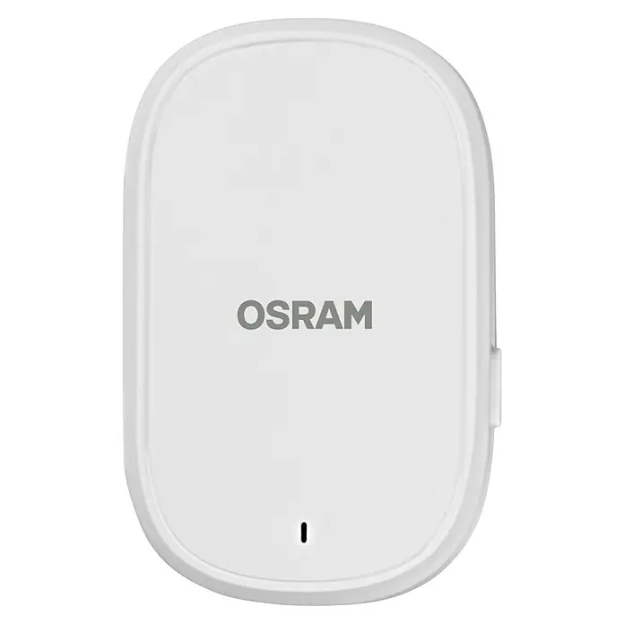 Osram Smart+ Türklingel mit Kamera - Weiß - Das Bild zeigt ein weißes OSRAM-Produkt, möglicherweise ein Smart-Home-Gerät, mit abgerundeten Kanten und einem minimalistischen Design.