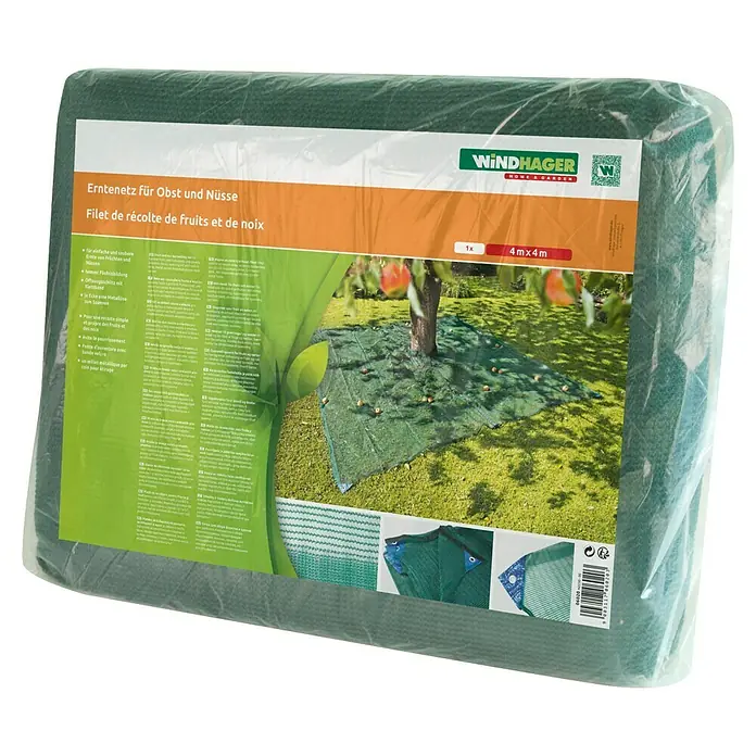 Windhager Erntenetz - Polyethylen, Geeignet für: Obstgehölze - Abgebildetes grünes Windhager Erntenetz für Obst und Nüsse (1x 4m x 4m) in Folie verpackt.