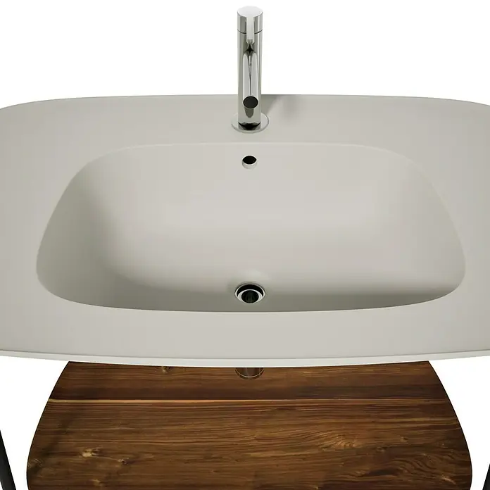 VitrA Plural Badmöbel-Set - Gesamtbreite Badmöbel: 99,5 cm, Taupe/Eiche Dunkel/Schwarz, Matt, 3 -tlg. - Elegantes Aufsatzwaschbecken mit Armatur und Holzunterschrank. Das Waschbecken ist weiß und hat eine ovale Form. Die Armatur ist verchromt und modern.