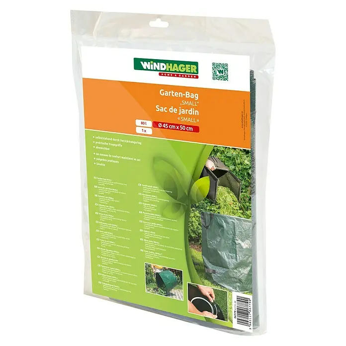 Windhager Gartenabfallsack - 80 l - Abgebildet ist ein Windhager Garten-Bag "SMALL" für Gartenabfälle, mit Verstärkungsring und praktischen Tragegriffen, abwaschbar und mit einem Fassungsvermögen von 80l.