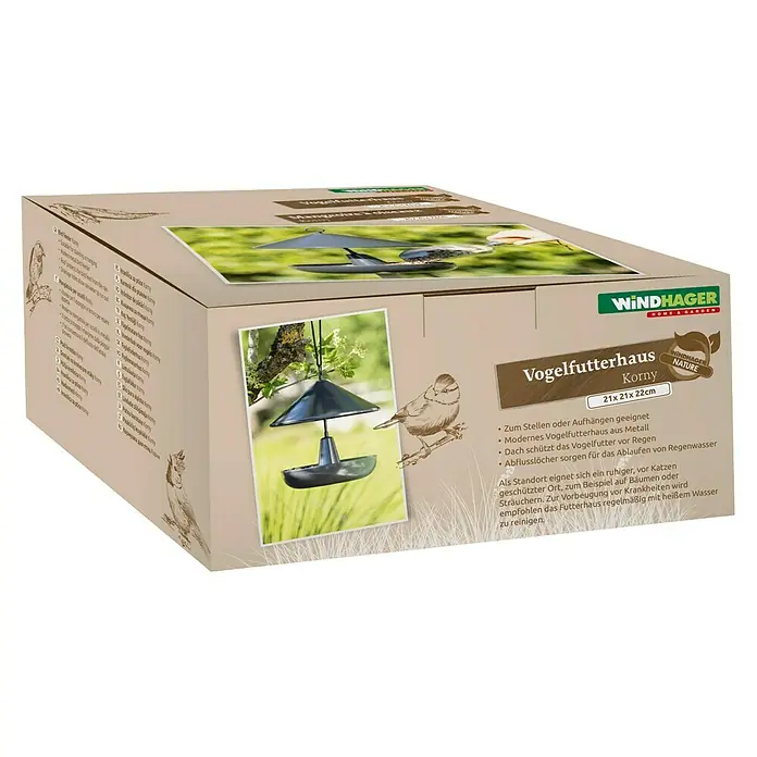 Windhager Vogelhaus Korny - Metall, Anthrazit - Produktfoto einer Verpackung für ein "Vogelfutterhaus Korny" von Windhager. Das moderne Futterhaus ist für Vögel geeignet.