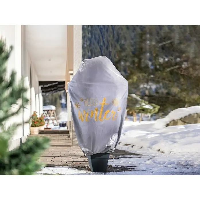 Windhager Winterschutzvlies Protect XXL Hello Winter - L x B: 200 x 140 cm, Grau - Pflanzenschutzhülle mit "Hallo Winter"-Aufdruck schützt Pflanzen vor Frost und Schnee im winterlichen Garten.