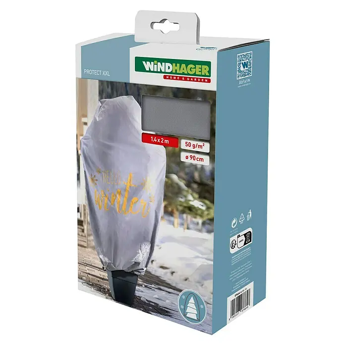Windhager Winterschutzvlies Protect XXL Hello Winter - L x B: 200 x 140 cm, Grau - Abbildung der Windhager XXL-Schutzhülle für den Garten, ideal zum Schutz von Pflanzen im Winter, mit den Maßen 1,4 x 2 m und 90 cm Durchmesser.