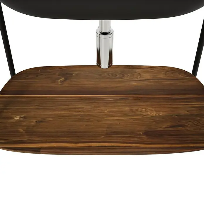 VitrA Plural Badmöbel-Set - Gesamtbreite Badmöbel: 99,5 cm, Schwarz/Eiche Dunkel, Matt, 3 -tlg. - Nahaufnahme eines Hockers mit Holzplatte, Chromfuß und schwarzer Sitzfläche. Fokus liegt auf der Detailgenauigkeit des Möbeldesigns.