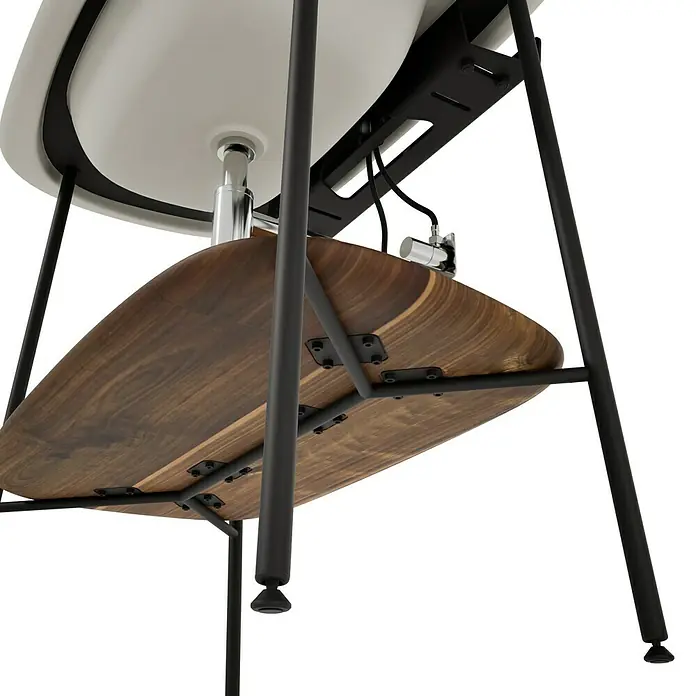 VitrA Plural Badmöbel-Set - Gesamtbreite Badmöbel: 99,5 cm, Taupe/Eiche Dunkel/Schwarz, Matt, 3 -tlg. - Detailaufnahme eines Waschbeckens mit dunklem Holzregal und schwarzem Metallgestell. Das Design ist modern und minimalistisch.