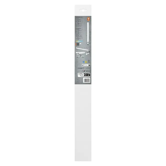 Osram LED-Lichtleiste Batten - L x B x H: 60 x 3,4 x 5,5 cm, Lichtfarbe: Kaltweiß, 8 W, 220 V - 240 V - Eine Osram LED-Röhre mit zugehöriger Verpackung, die Produktdetails und Montageanleitungen zeigt. Die Röhre ist für energieeffiziente Beleuchtung konzipiert.