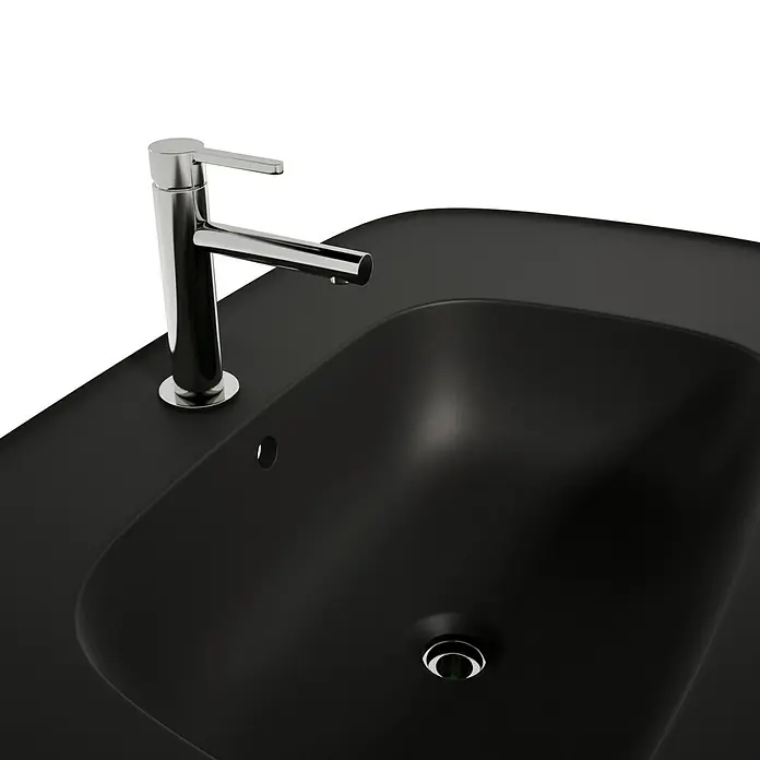 VitrA Plural Badmöbel-Set - Gesamtbreite Badmöbel: 99,5 cm, Schwarz/Eiche Dunkel, Matt, 3 -tlg. - Schwarzes Waschbecken mit modernem Chromhahn, das durch sein elegantes Design besticht und eine stilvolle Ergänzung für jedes Badezimmer darstellt.
