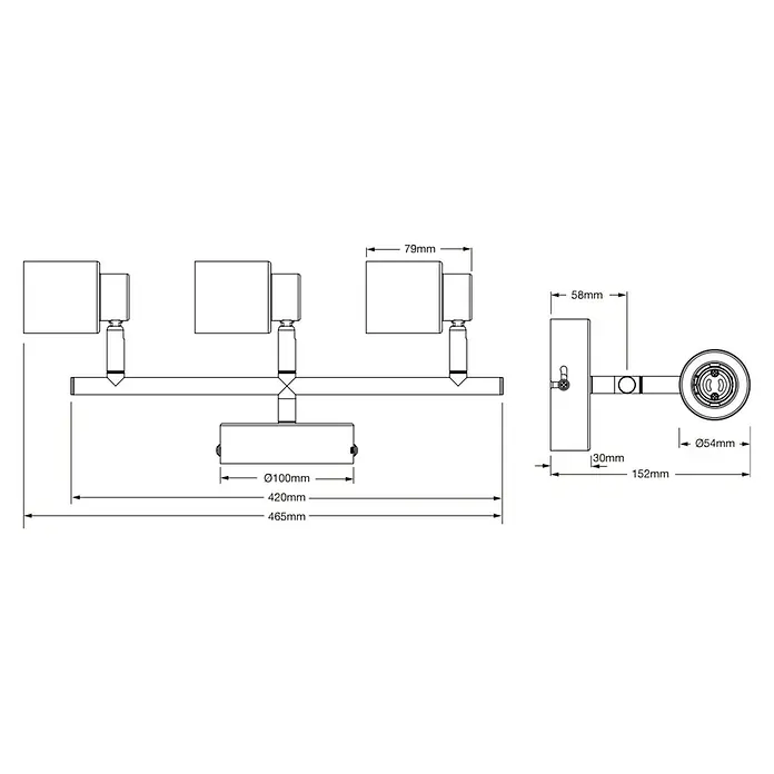 Osram Wand- & Deckenleuchte LED Spot Primal - L x B x H: 46,5 x 10 x 15,2 cm, Schwarz - Technische Zeichnung einer dreiflammigen Würfelleuchte mit Maßen. Perfekt für präzise Produktinformationen und Montageanleitungen.
