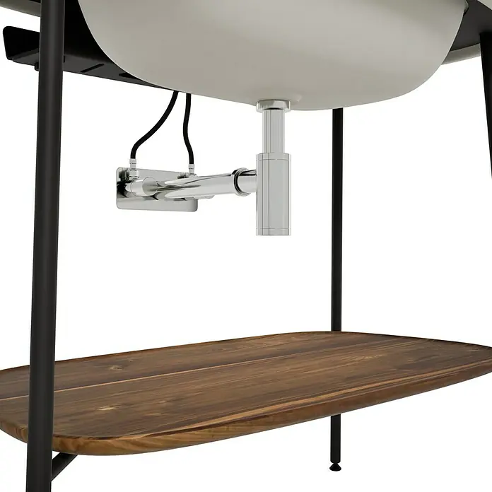 VitrA Plural Badmöbel-Set - Gesamtbreite Badmöbel: 99,5 cm, Taupe/Eiche Dunkel/Schwarz, Matt, 3 -tlg. - Naheaufnahme eines stilvollen Waschbeckens mit einer Holzablage darunter.