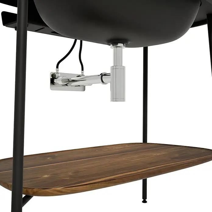 VitrA Plural Badmöbel-Set - Gesamtbreite Badmöbel: 99,5 cm, Schwarz/Eiche Dunkel, Matt, 3 -tlg. - Nahaufnahme eines modernen Waschbeckens mit Holzablage, das Design und Funktionalität vereint.