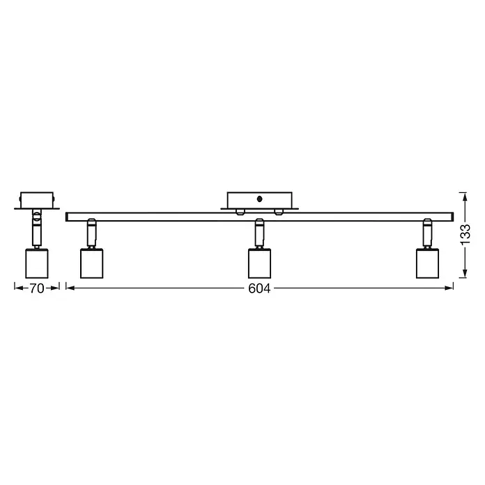 Osram Wand- & Deckenleuchte Spot Cylinder Duo - L x B x H: 60,4 x 7 x 13,3 cm, Silber, GU10 - Abbildung einer linearen Deckenleuchte mit vier quadratischen Strahlern, die sich ideal für moderne Innenräume eignet. Die Maße sind deutlich dargestellt.