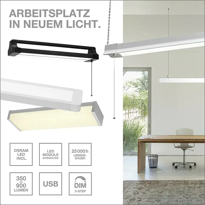 Osram LED-Lichtleiste Office Line - L x B x H: 110 x 7,8 x 5,5 cm, Lichtfarbe: Kaltweiß, 41 W, 220 V - 240 V - Produktbild einer Bürolampe mit LED-Modul, USB-Anschluss und 3-Stufen-Dimmer für eine optimale Arbeitsplatzbeleuchtung.