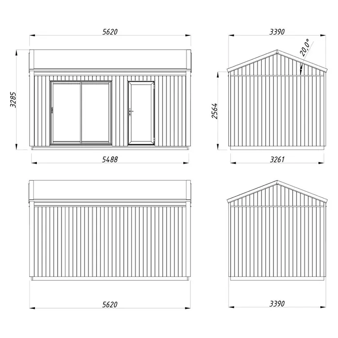 Palmako Gartenhaus Rebekka Nordic Plus - Außenmaß inkl. Dachüberstand (B x T): 582 x 339 cm, Holz, Natur unbehandelt - Darstellung eines Gartenhauses mit detaillierten Maßangaben, ideal für Baupläne.