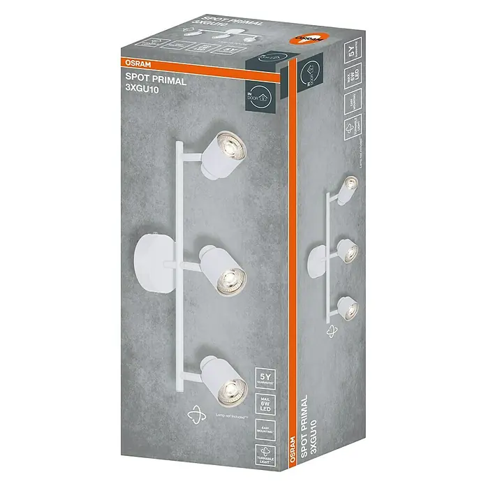 Osram Wand- & Deckenleuchte LED Spot Primal - L x B x H: 46,5 x 10 x 15,2 cm, Weiß - Produktverpackung einer Osram Spot Primal 3XGU10 Lampe mit LED-Leuchten, geeignet für den Innenbereich und mit 5 Jahren Garantie.