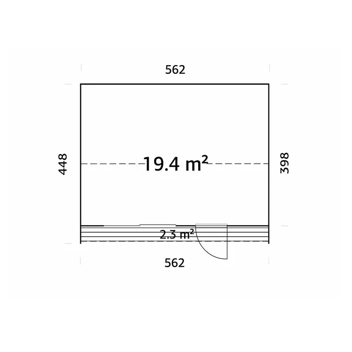 Palmako Gartenhaus Rebekka Nordic Plus - Außenmaß inkl. Dachüberstand (B x T): 562 x 446 cm, Holz, Natur unbehandelt - Grundriss mit Maßangaben. Der Raum hat eine Fläche von 19,4 m², während der Vorraum 2,3 m² groß ist. Die Seitenlängen sind 448, 398 und 562.
