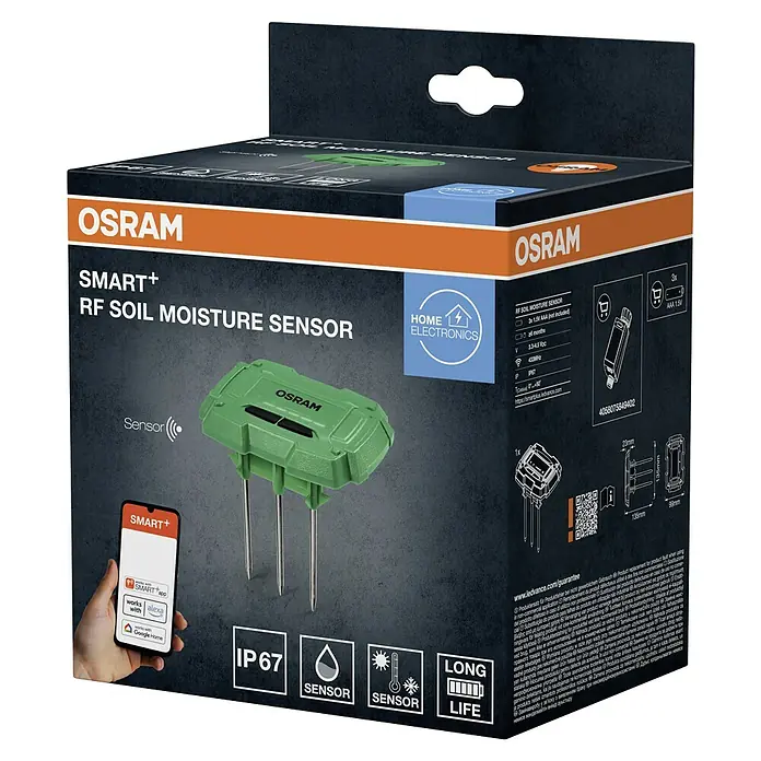 Osram Smart+ Bodenfeuchtesensor - Grün - Bild der Verpackung eines OSRAM SMART+ RF Bodenfeuchtigkeitssensors für die Heimelektronik mit Feuchtigkeitssensor und langer Lebensdauer.