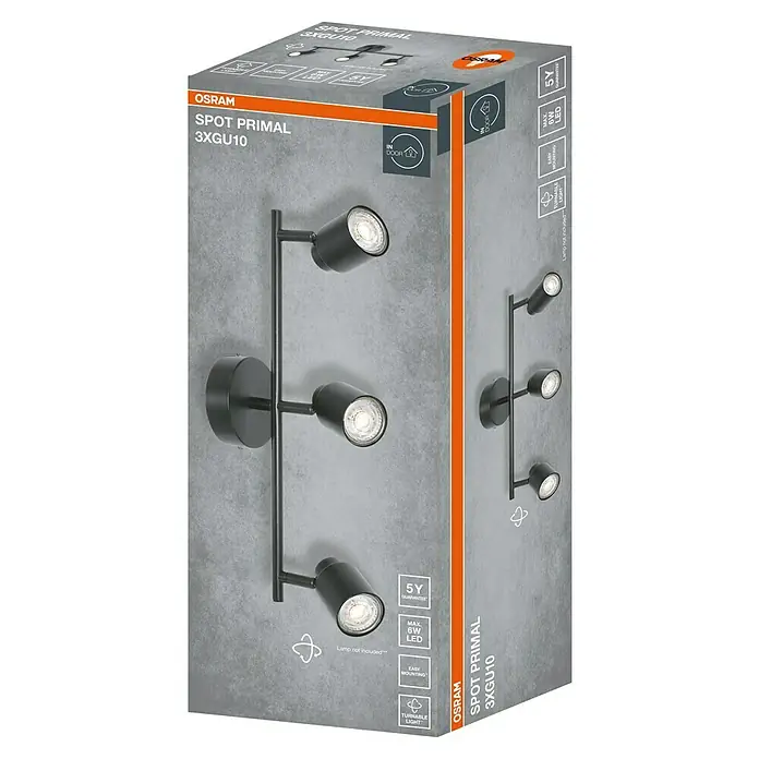 Osram Wand- & Deckenleuchte LED Spot Primal - L x B x H: 46,5 x 10 x 15,2 cm, Schwarz - Produktverpackung der OSRAM Spot Primal 3XGU10, einer eleganten, mattschwarzen 3-flammigen Wandleuchte für den Innenbereich.