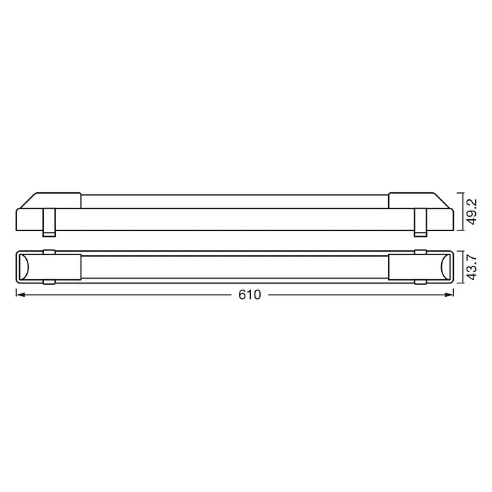 Osram LED-Lichtleiste - L x B x H: 61 x 4,3 x 4,9 cm, Lichtfarbe: Warmweiß, 12 W, 220 V - 240 V - Technische Zeichnung eines linearen LED-Lichtbalkens mit Abmessungen. Detaillierte Ansicht der LED-Leuchte mit Maßangaben.