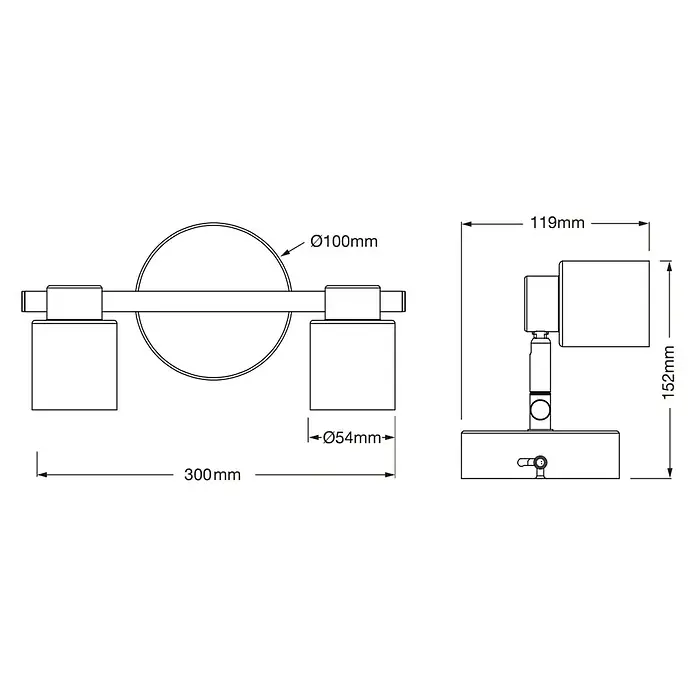 Osram Wand- & Deckenleuchte LED Spot Primal - L x B x H: 30 x 11,9 x 15,2 cm, Schwarz - Technische Zeichnung einer Wandleuchte mit Maßen. Die Leuchte hat einen Durchmesser von 100mm und ist 300mm breit.