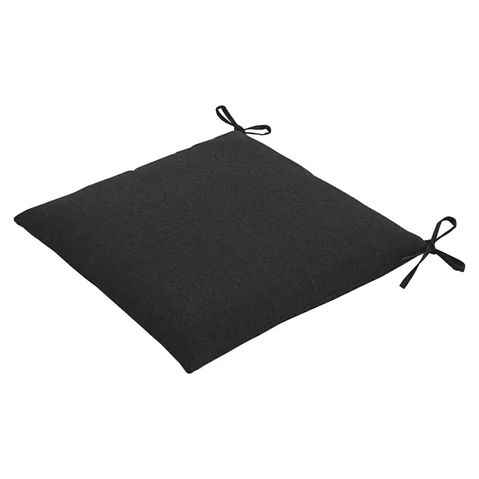 Doppler Sitzkissen Nature - Schwarz, L x B x H: 48 x 48 x 6 cm - Nahaufnahme eines quadratischen Sitzkissens in dunkler Farbe mit Bindebändern zur Befestigung. Ideal für Stühle im Innen- und Außenbereich.