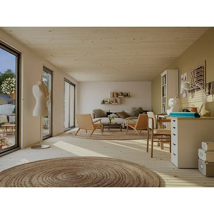 Palmako Gartenhaus Rebekka Nordic Plus - Außenmaß inkl. Dachüberstand (B x T): 901 x 446 cm, Holz, Natur unbehandelt - Helle Inneneinrichtung mit handgefertigten Teppichen. Gemütliches Ambiente durch natürliche Texturen und sanfte Farben, ideal für entspanntes Wohnen.