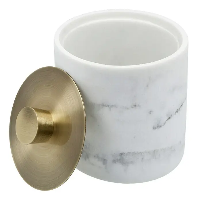 Camargue Wattepadspender Marmel - Polyresin, Weiß/Gold - Marmorbehälter mit goldenem Deckel, ideal für Badezimmeraccessoires.