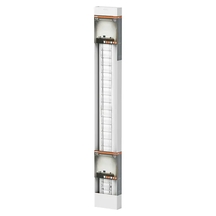 Osram LED-Lichtleiste Office Line - L x B x H: 120 x 5,6 x 5,6 cm, Lichtfarbe: Kaltweiß, 40 W, 220 V - 240 V - Ein vertikaler Schrank mit Glasregalen von oben bis unten. Das Produkt hat auf der Ober- und Unterseite eine Verpackung mit einem Schreibtisch darauf.