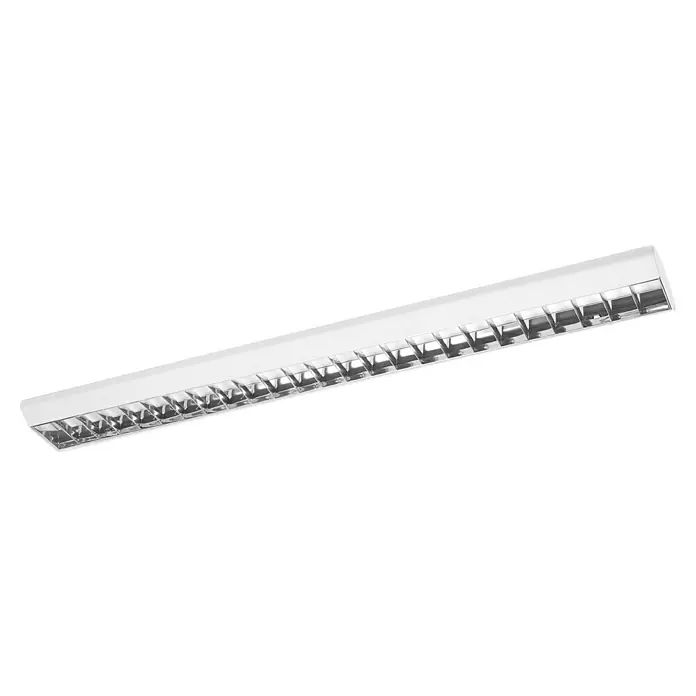 Osram LED-Lichtleiste Office Line - L x B x H: 120 x 5,6 x 5,6 cm, Lichtfarbe: Kaltweiß, 40 W, 220 V - 240 V - Eine Nahaufnahme einer länglichen weißen Rasterleuchte mit einer Reihe von reflektierenden Gittern, die für gleichmäßige Beleuchtung sorgen.