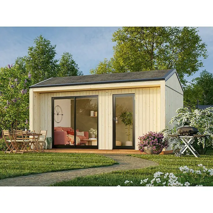 Palmako Gartenhaus Rebekka Nordic Plus - Außenmaß inkl. Dachüberstand (B x T): 582 x 339 cm, Holz, Natur unbehandelt - Stilvolles Gartenhaus mit Terrasse, ideal für Entspannung und gesellige Stunden im Freien. Das Haus bietet Komfort und Ästhetik für Ihren Garten.