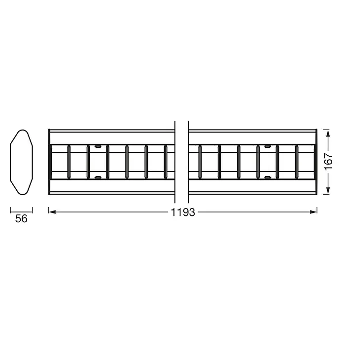 Osram LED-Lichtleiste Office Line - L x B x H: 120 x 5,6 x 5,6 cm, Lichtfarbe: Kaltweiß, 40 W, 220 V - 240 V - Produktbild eines Heizkörpers mit den Maßen 1193 x 167 x 56 mm.