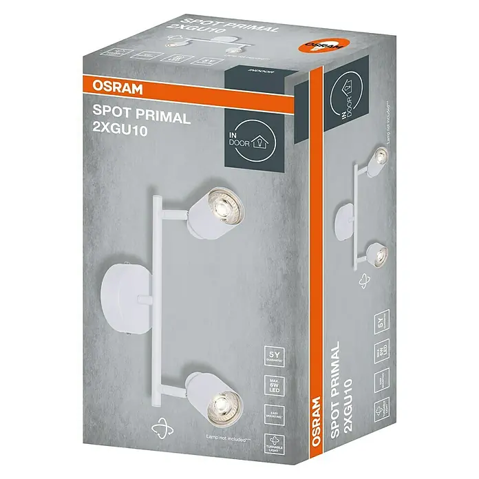 Osram Wand- & Deckenleuchte LED Spot Primal - L x B x H: 30 x 11,9 x 15,2 cm, Weiß - Produktverpackung: Osram Spot Primal 2XGU10 Innenleuchte, weiß, mit Produktdetails und Logos.