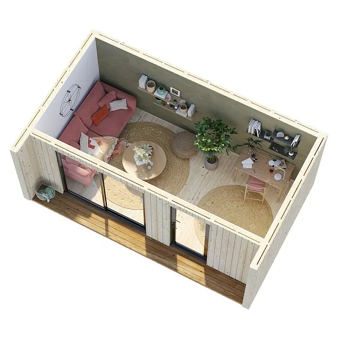 Palmako Gartenhaus Rebekka Nordic Plus - Außenmaß inkl. Dachüberstand (B x T): 582 x 339 cm, Holz, Natur unbehandelt - Ein stilvolles, kompaktes Studio mit gemütlicher Sitzecke und Arbeitsbereich, ideal für moderne Wohnansprüche.
