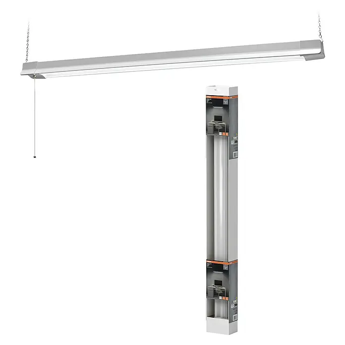 Osram LED-Lichtleiste Office Line - L x B x H: 110 x 7,8 x 5,5 cm, Lichtfarbe: Kaltweiß, 41 W, 220 V - 240 V - Abbildung einer LED-Leuchte mit weißem Gehäuse und Verpackung. Ideal für Arbeitsbereiche, bietet helles Licht und effiziente Beleuchtungslösungen.