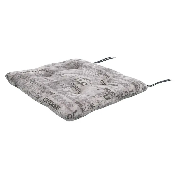 Doppler Sitzkissen Spot - L x B x H: 45 x 45 x 4 cm, Polyester, Schaum/Vlies, Grau - Das Bild zeigt ein quadratisches Sitzkissen mit einem romantischen Schriftmuster und Befestigungsbändern, ideal für mehr Komfort.