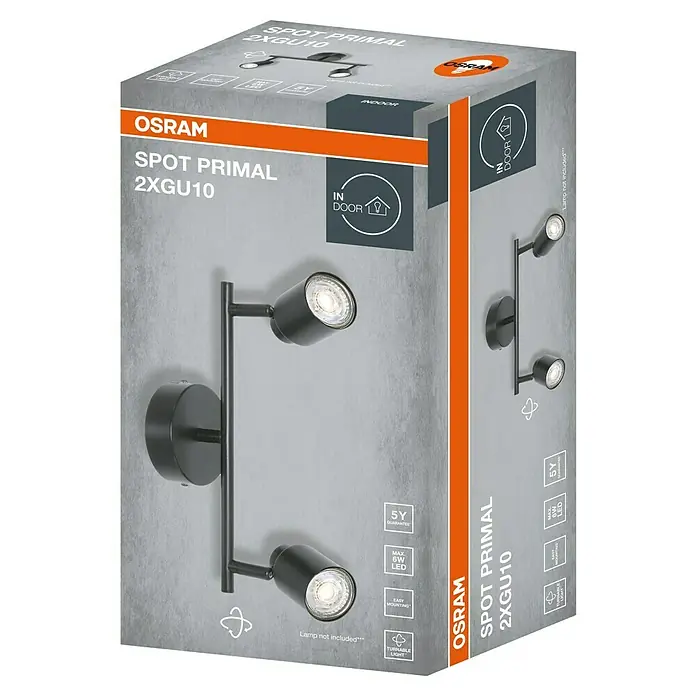 Osram Wand- & Deckenleuchte LED Spot Primal - L x B x H: 30 x 11,9 x 15,2 cm, Schwarz - Produktverpackung der Osram Spot Primal 2XGU10 Wandleuchte mit zwei Strahlern in Schwarz für den Innenbereich.