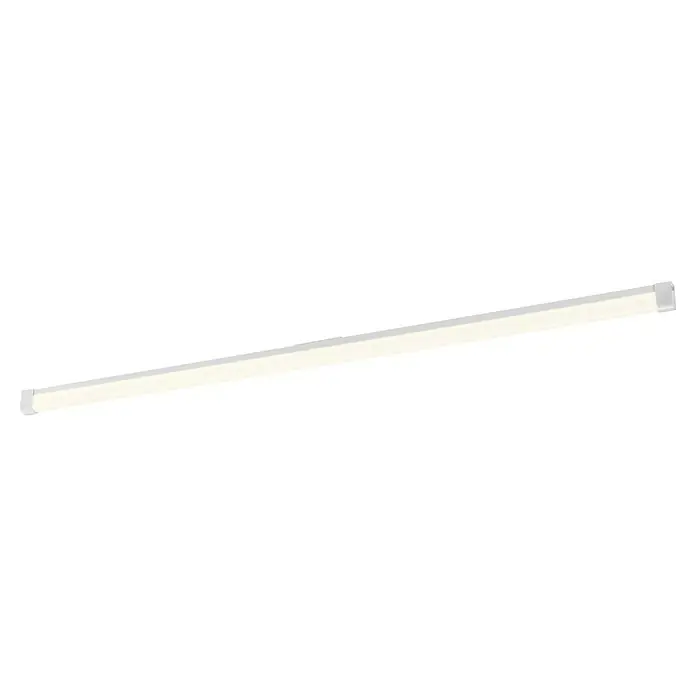 Osram LED-Lichtleiste Batten - L x B x H: 150 x 3,4 x 5,5 cm, Lichtfarbe: Kaltweiß, 20 W, 220 V - 240 V - Nahaufnahme einer langen, schmalen, weißen LED-Leuchte, die auf einer dunklen Oberfläche liegt und ein gleichmäßiges, helles Licht ausstrahlt.