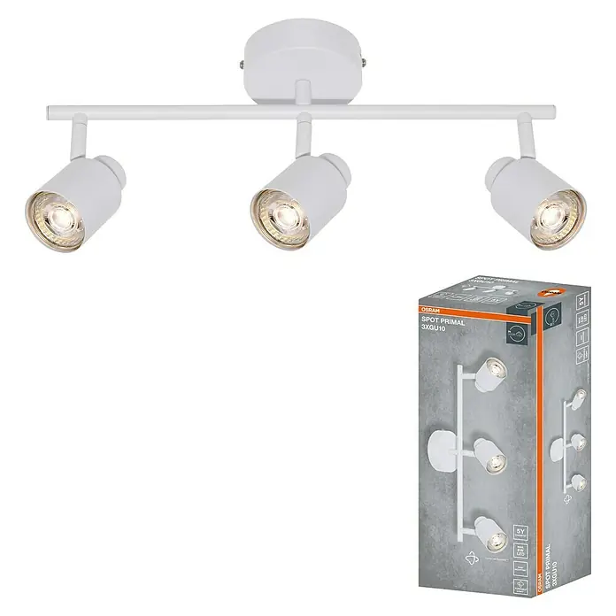 Osram Wand- & Deckenleuchte LED Spot Primal - L x B x H: 46,5 x 10 x 15,2 cm, Weiß - Produktbild: Osram Spot Primal 3xGU10 Deckenleuchte in Weiß, perfekt für stilvolle Beleuchtung. Inklusive Produktverpackung im Hintergrund.