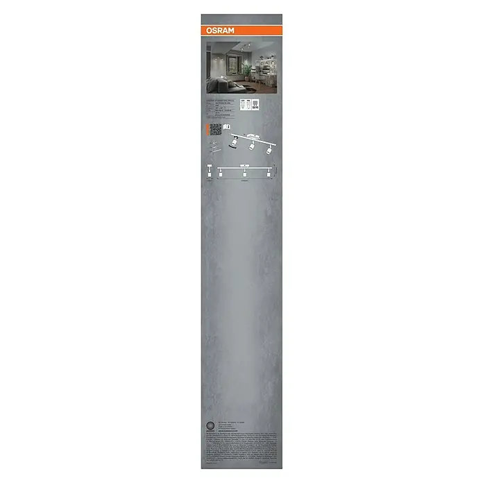 Osram Wand- & Deckenleuchte Spot Cylinder Duo - L x B x H: 60,4 x 7 x 13,3 cm, Silber, GU10 - Nahaufnahme der Produktverpackung einer Osram LED-Schiene mit 3 Strahlern, die ein modernes Design und effiziente Beleuchtung zeigt.