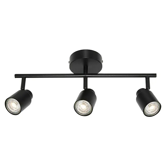 Osram Wand- & Deckenleuchte LED Spot Primal - L x B x H: 46,5 x 10 x 15,2 cm, Schwarz - Nahaufnahme einer schwarzen dreiflammigen Deckenleuchte mit verstellbaren Strahlern, die ein modernes Design und gerichtetes Licht bietet.