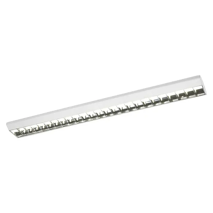 Osram LED-Lichtleiste Office Line - L x B x H: 120 x 5,6 x 5,6 cm, Lichtfarbe: Kaltweiß, 40 W, 220 V - 240 V - Eine lange, weiße Büroleuchte mit einem reflektierenden Gitter, die ein helles, effizientes Licht für Arbeitsbereiche bietet.